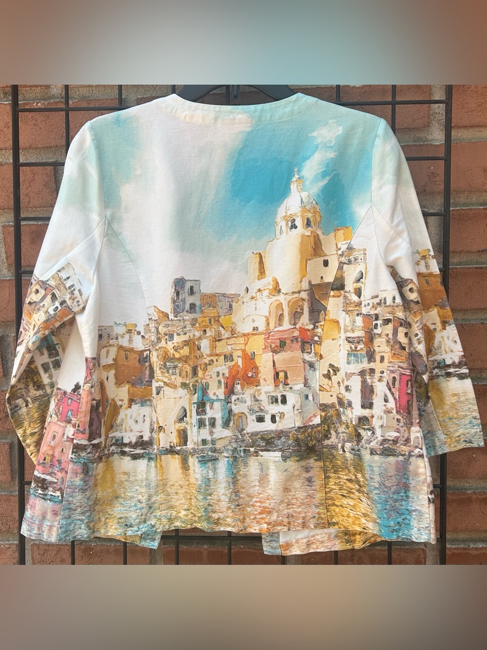 Chico's Scenic Watercolor Open-Front Jacket in Light Blue and Cream - Picture 3 of 3